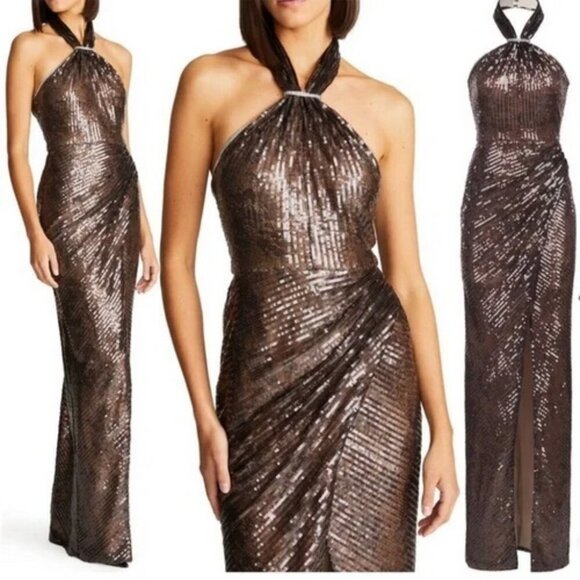 Halston Umbra Brown Sequin Lace Beaded Halter Gown